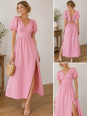 Gianni Bini Pink Puff-Sleeve Maxi Dress with Side Slit Size XL